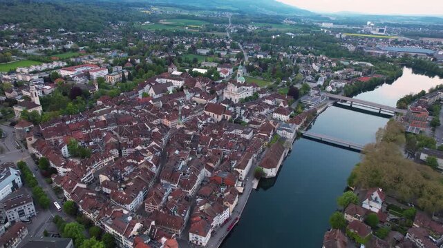 Aerial view beside the old town of the city Solothurn, in Switzerland on a sunny spring afternoon in 2023.