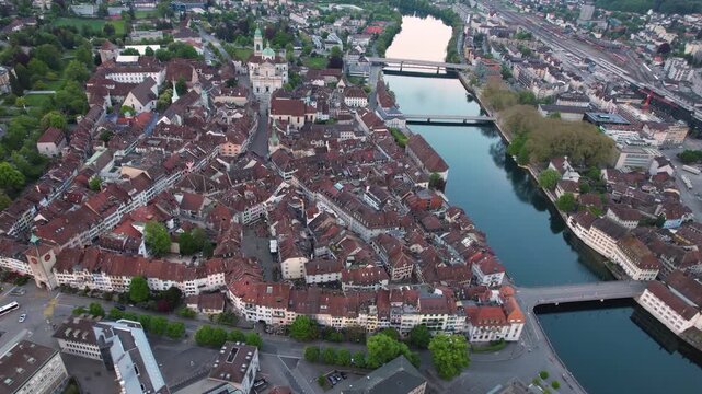Aerial view beside the old town of the city Solothurn, in Switzerland on a sunny spring afternoon in 2023.