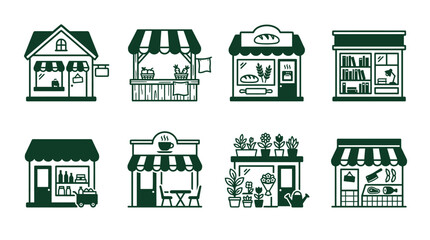 Fototapeta premium A collection of illustrated storefronts showcasing various businesses like a bakery, bookstore, and caf? with vibrant displays