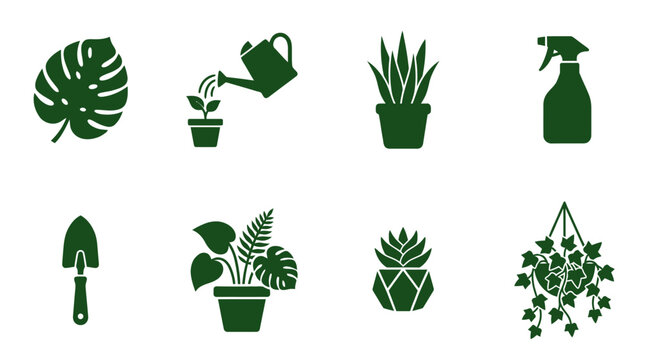 Set of green icons featuring various house plants and gardening equipment tools.