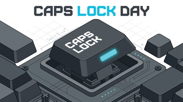 Celebrate Caps Lock Day with a stylized keyboard graphic emphasizing the prominent Caps Lock key, a digital art illustration