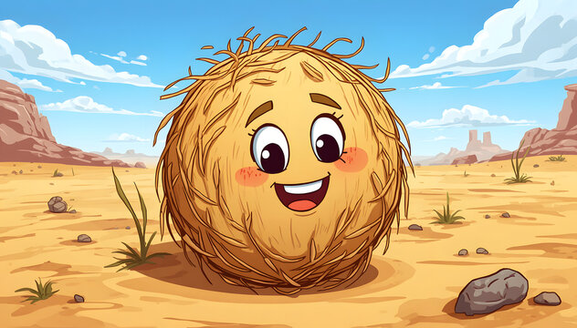 Cheerful Cartoon Tumbleweed Rolling in a Desert Landscape Under Blue Sky