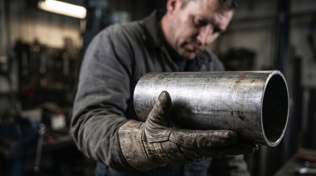 Trabajador con guantes sosteniendo tubo de metal en taller