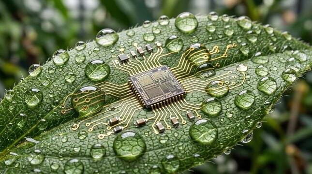 Vista macro extrema de circuitos electr&oacute;nicos y procesador sobre una hoja viva refractando gotas de agua