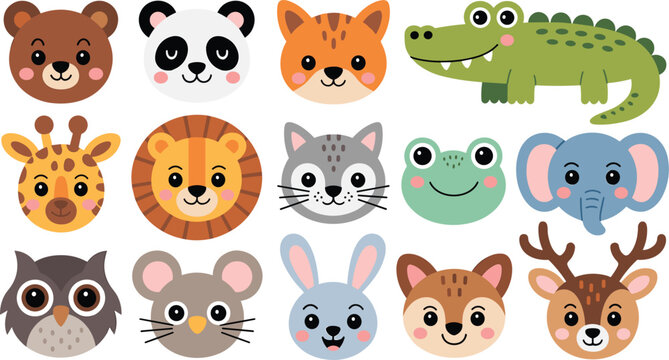 Cute animal faces vector bundle featuring cartoon bear panda lion crocodile giraffe elephant frog owl and deer isolated on white background for kids