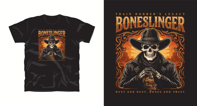 Boneslinger train robber's legacy skull cowboy illustration, western themed graphic design.