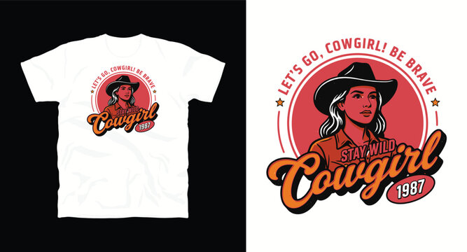 Stay wild cowgirl 1987 vintage badge design with female western character and sun burst for clothing print.