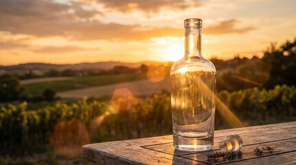 Obraz premium Empty glass bottle glowing in golden hour sunlight with lens flare beverage advertising concept