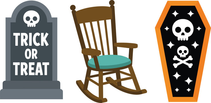 Halloween spooky vector clip art set featuring a trick or treat tombstone old wooden rocking chair and a skull coffin isolated on white background
