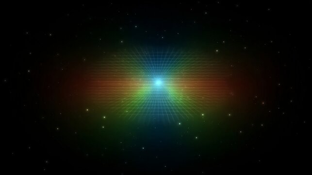 Vibrant geometric nebula expanding outwards with stars and colorful light spectrum