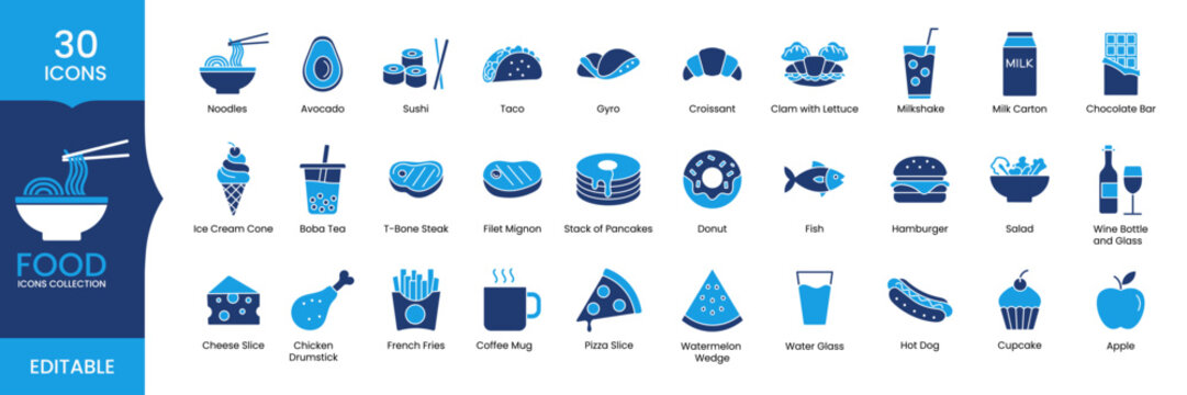 Food Icons Set, Fast Food Dessert Drink Healthy Food Editable Vector Collection, Flat Restaurant Icons Pack