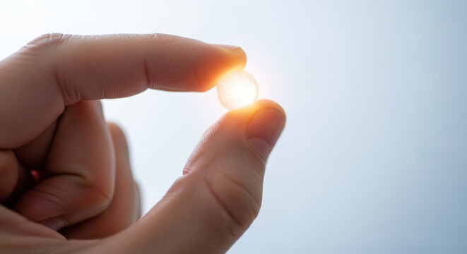 Hand holding probiotic capsule microbiome health research glowing pill soft light