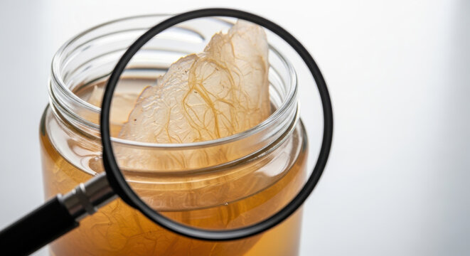 Microbiome health research magnified kombucha scoby in jar with magnifying glass showing texture and fermentation aroma
