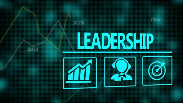 A Leadership business concept on a flashing computer monitor with moving graphs and data.