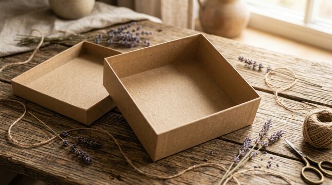 Open cardboard gift box with twine and lavender on wooden table