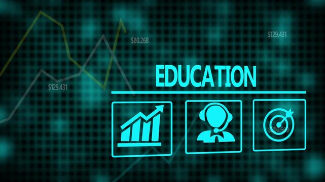 A Education business concept on a flashing computer monitor with moving graphs and data.