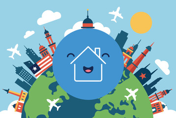 Obraz premium Happy house icon sits at the center of a globe surrounded by famous world landmarks and airplanes depicting global travel and relocation.