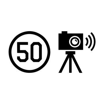 Fifty speed limit road sign and speed camera icon with enforcement, surveillance