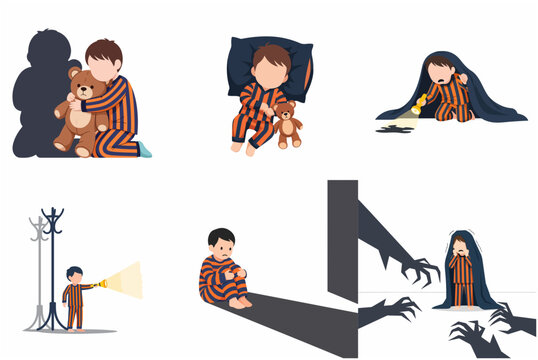 Childhood fears and nightmares set. Little boy in pajamas feeling scared of shadows and dark at night with teddy bear and flashlight.