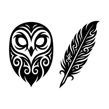 Tribal owl portrait and ornate feather decorative vector graphic art