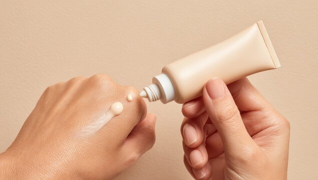 Close Up Of A Hand Squeezing Beige Foundation Cream From A Tube Onto Fingers Against A Smooth Beige Studio Background