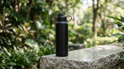 Naklejka premium Black reusable water bottle on stone wall outdoors