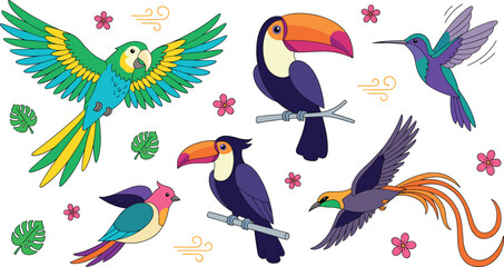 Obraz premium Tropical bird vector illustration set featuring cartoon parrot toucan hummingbird and exotic jungle animals isolated on white background