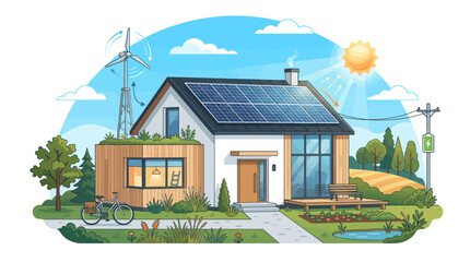 Sustainable home featuring solar panels wind turbine and garden © Endang
