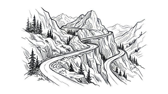 Winding mountain pass road through steep rocky peaks and pine trees