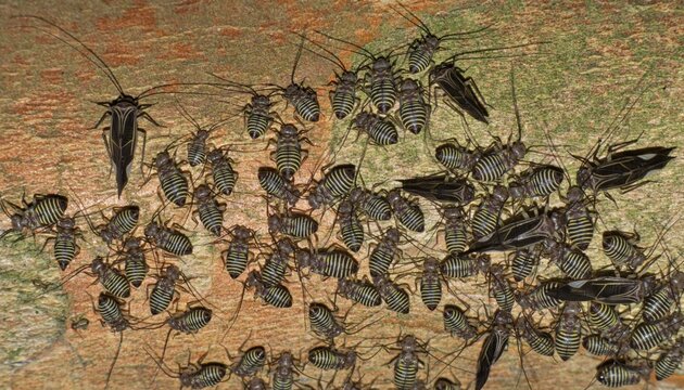 Common Barklouse colony Cerastipsocus venosus adults and nymphs insects eating lichen on Crepe Myrtle tree.