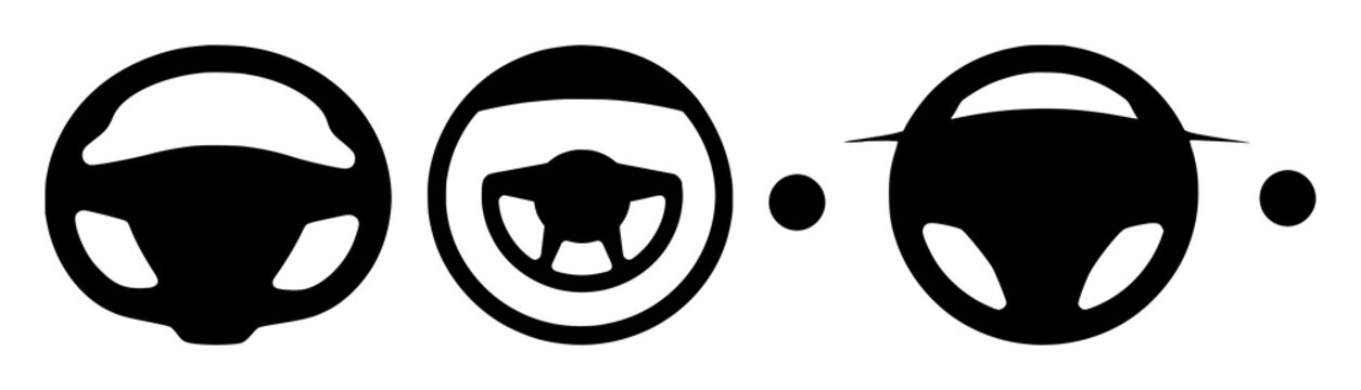 Steering wheel sensor icon set with single black graphic on white background featuring autonomous driving, steering wheel, sensor with icon and technology