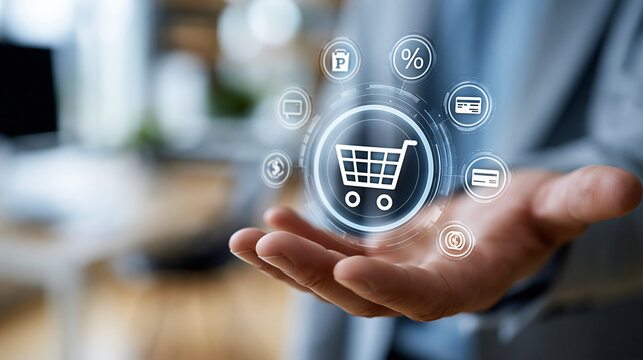 Businessman's hand interacting with a digital shopping cart icon surrounded by various payment method icons, e-commerce checkout process, retail technology, online payment