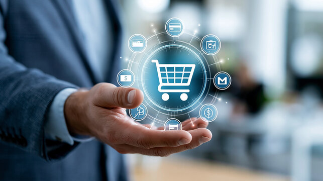 Businessman's hand interacting with a digital shopping cart icon surrounded by various payment method icons, e-commerce checkout process, retail technology, online payment