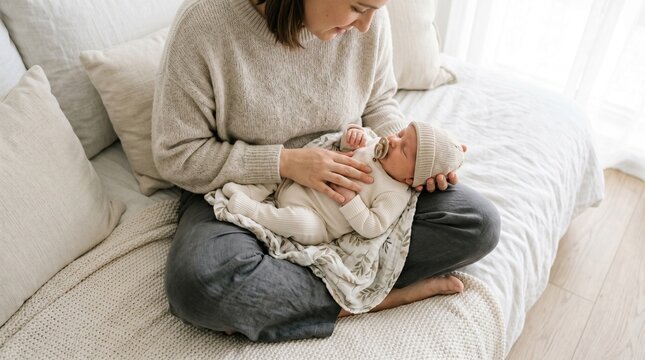 Mother holding newborn baby on lap in cozy living room