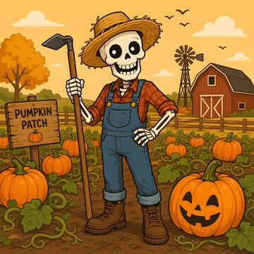 Cartoon skeleton farmer with pumpkin patch sign halloween illustration