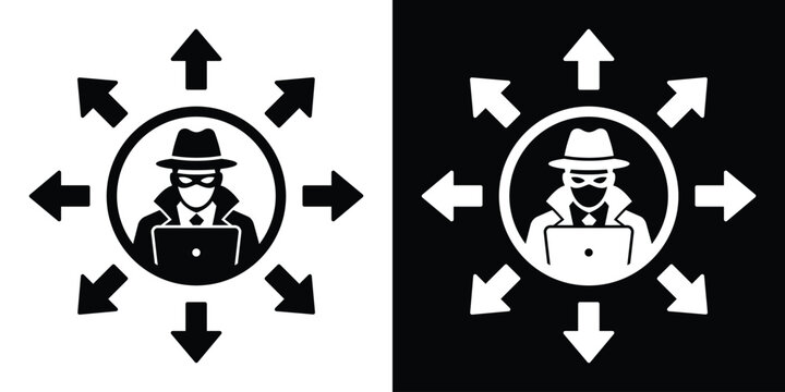 Cyber hacker vector icon spreading virus in all directions. Anonymous criminal spreading digital threat. Black and white malware attack concept.