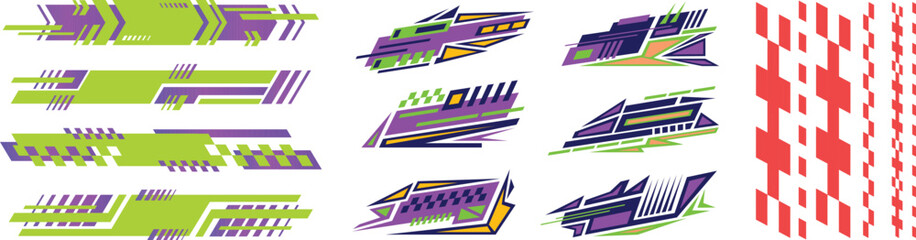 Collection of dynamic vehicle wrap graphics and geometric racing livery decals isolated on a plain white background. © Vivid Pixel Studio.