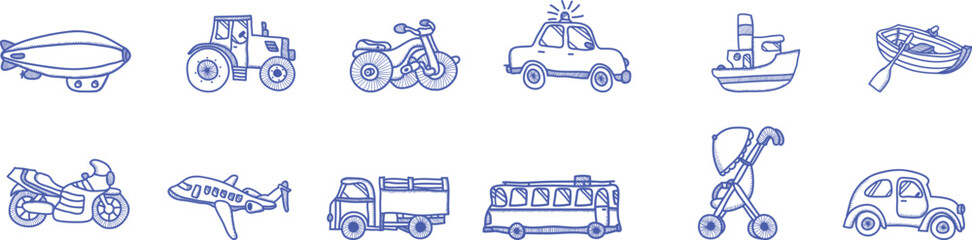 Doodle icon set of various vehicles and transportation modes drawn in blue line art on a white background. © Vivid Pixel Studio.