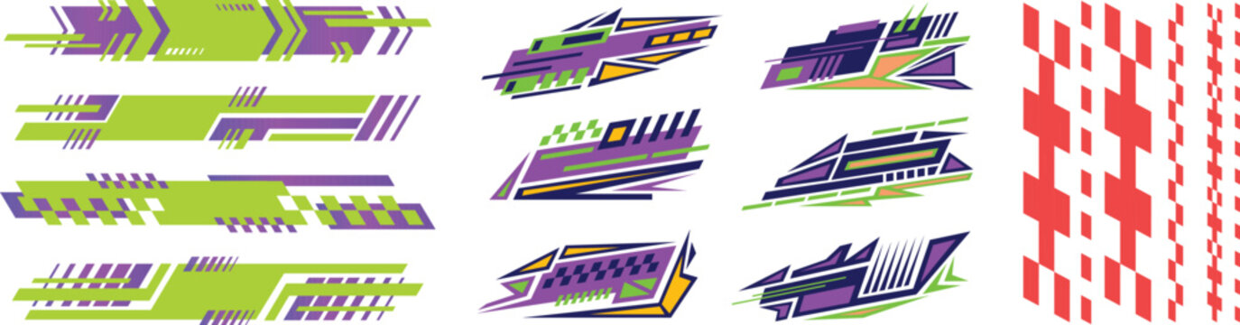 Collection of dynamic vehicle wrap graphics and geometric racing livery decals isolated on a plain white background.