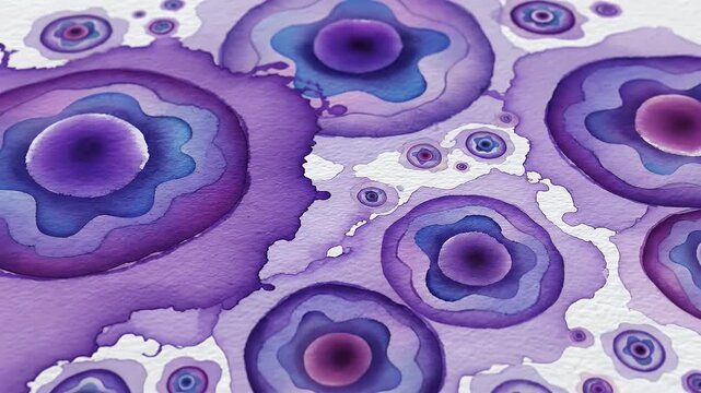 Abstract watercolor painting with layered purple and blue circular organic shapes