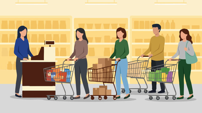 People shopping at grocery store, customers with carts in checkout line