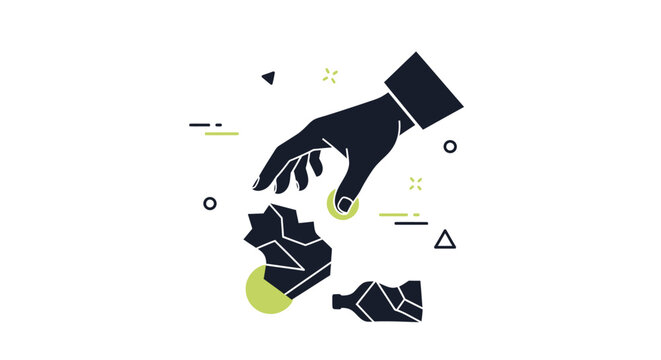 Minimalist graphic illustration of a hand cleaning up litter and plastic waste.