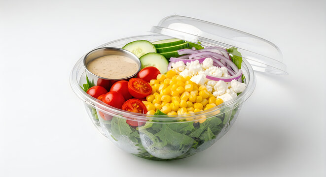 Fresh salad to go in clear plastic container with dressing