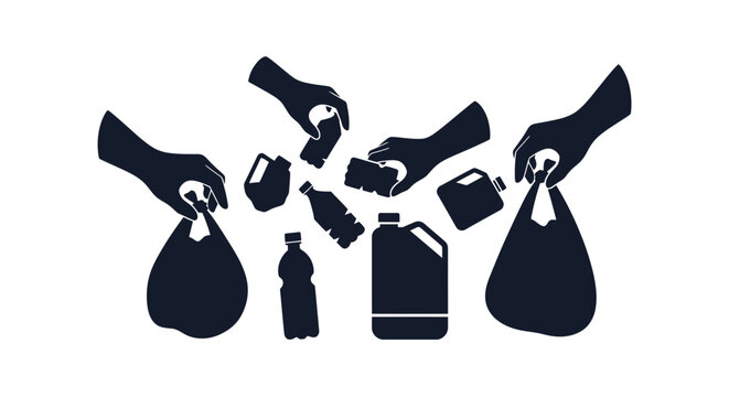 Silhouette illustration of hands collecting and holding plastic waste items.