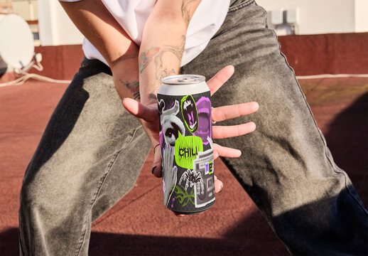 Tall Boy Can Mockup Template Design on Rooftop