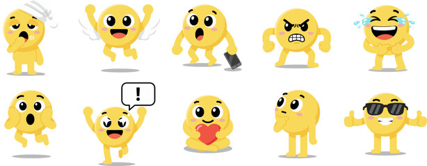 Fototapeta premium Collection of Yellow Emoji Characters Expressing Different Emotions, Isolated on White
