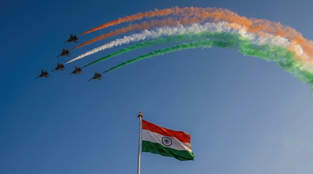 India independence day celebrations with indian air force jets and flag