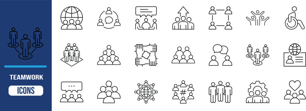 People community teamwork business line icons. group icon set, globe icon set, discussion icon set