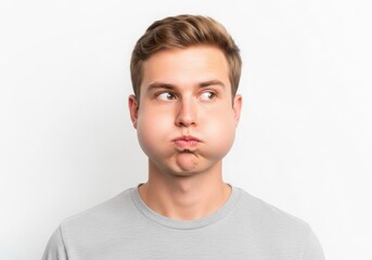 Naklejka premium Young man puffing out his cheeks and looking to the side, isolated on white background