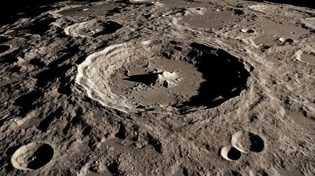 Detailed View of a Giant Impact Crater on the Moon Surface